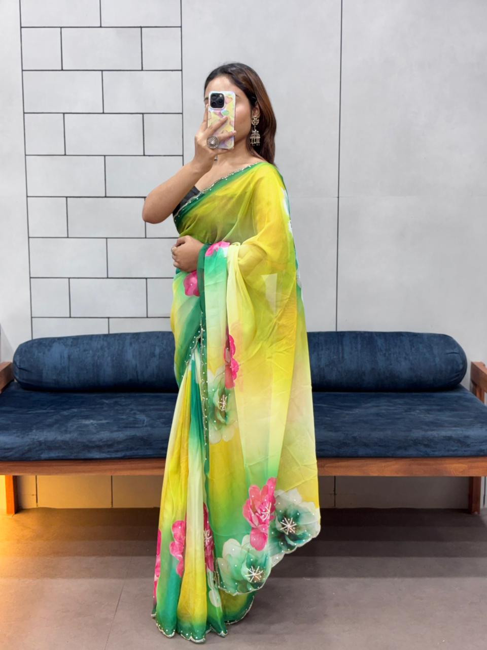 Celebrity Style Floral Print Tabi Organza Saree with Exquisite Handwork