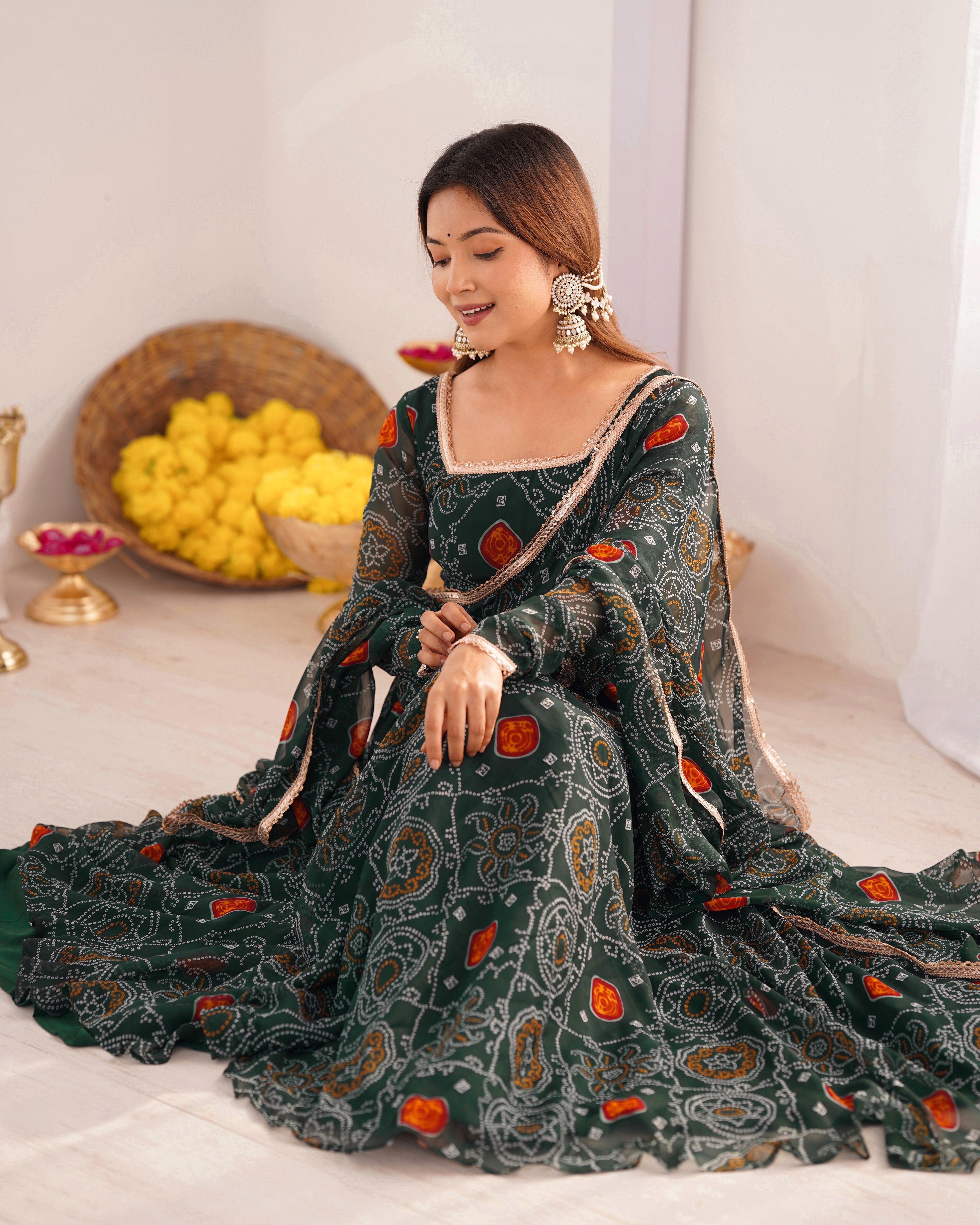 Women Bandhej Printed Chiffon Anarkali Kurta with Dupatta Set
