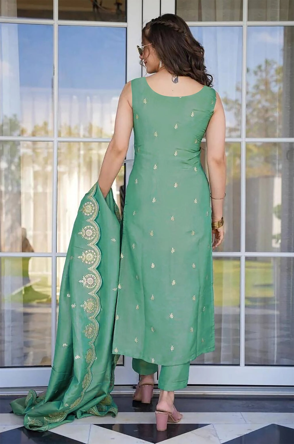 Roman Silk  Embroidered Kurta With Pant Dupatta Set