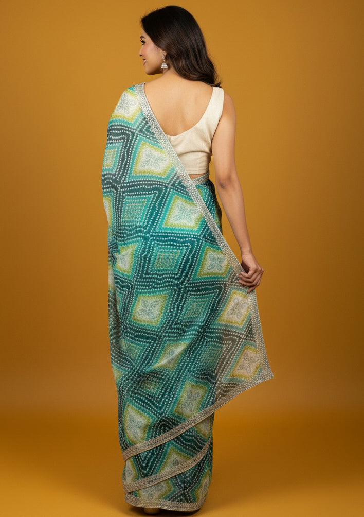 Bandhani Printed Chiffon Saree with Embroidered Border