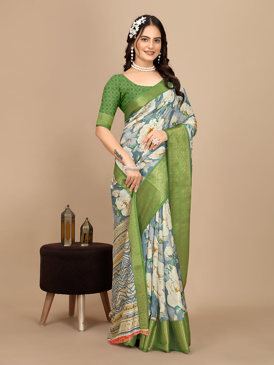 Moss Chiffon Digital Print Woven Border Saree