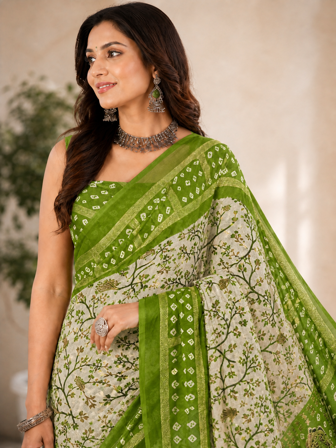 Women Printed Moss Chiffon Saree with Zari Border