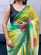 Celebrity Style Floral Print Tabi Organza Saree with Exquisite Handwork