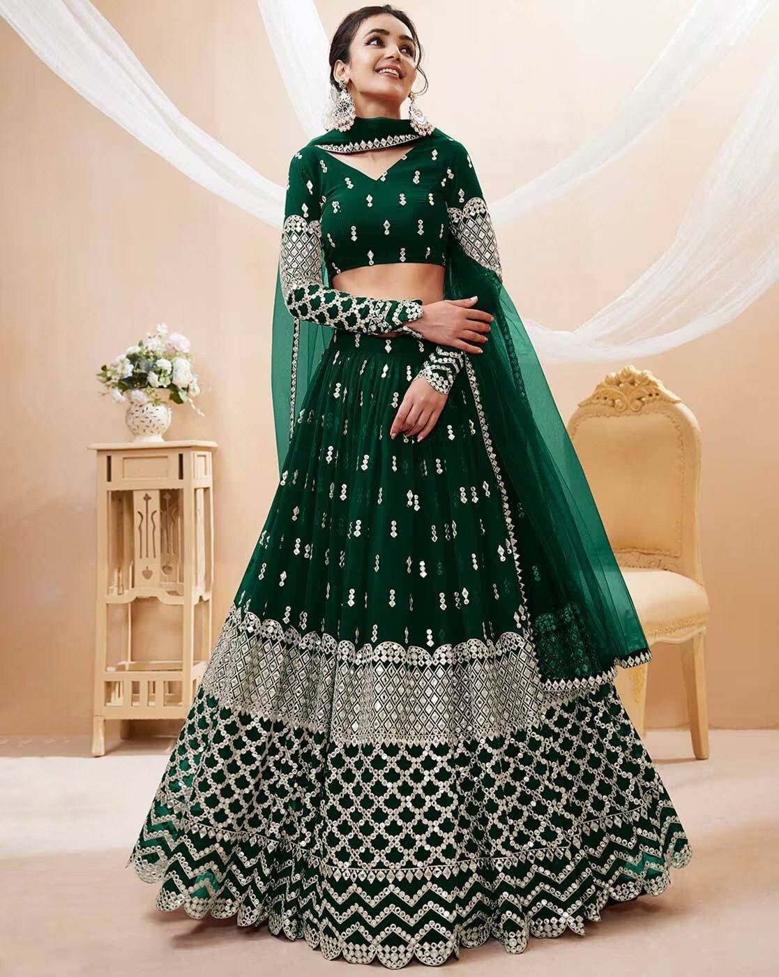 Georgette Semi-Stitched Lehenga with Thread Work & Embroidered Dupatta Set