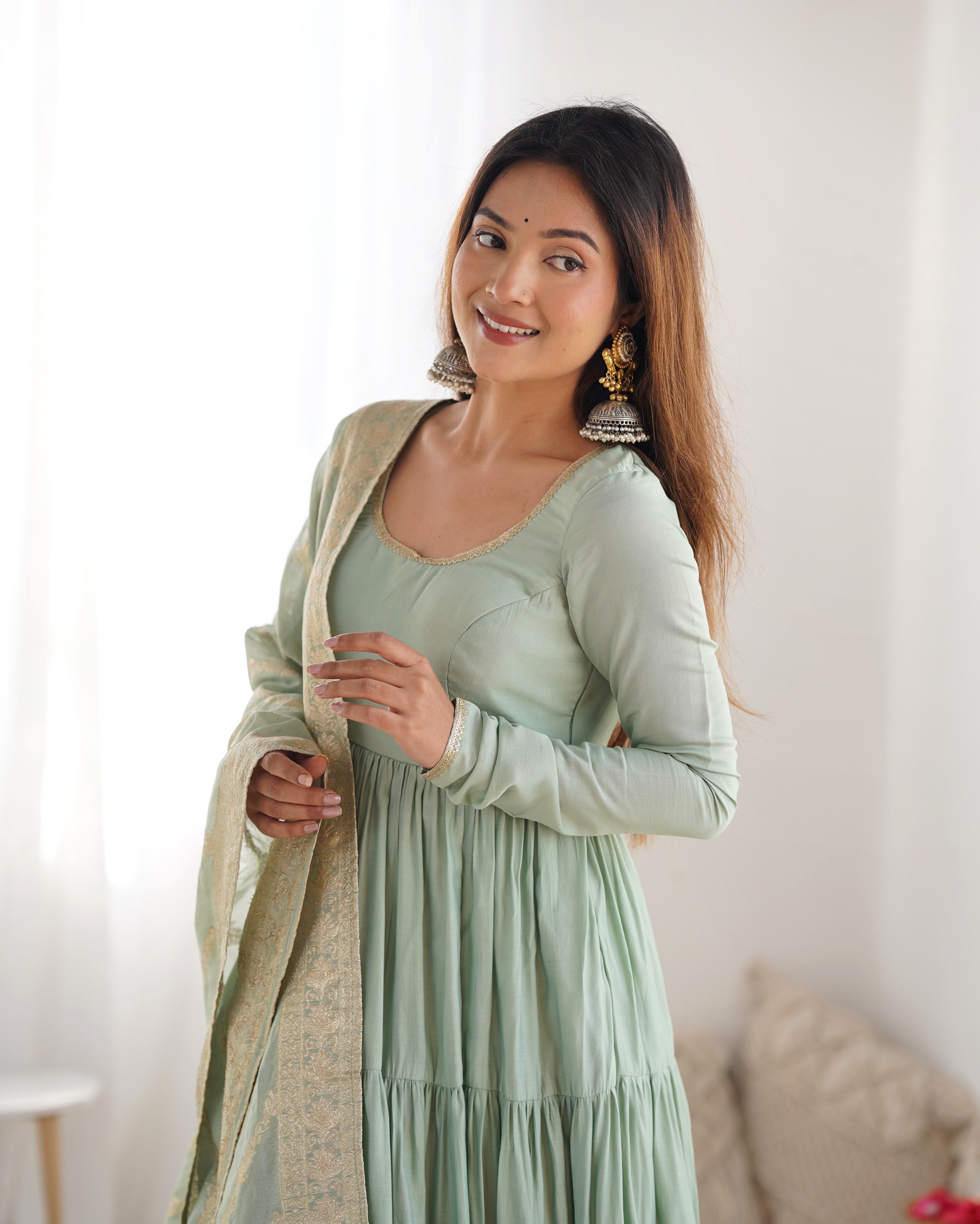 Roman Silk Chanderi Fully Flared Anarkali Suit Set