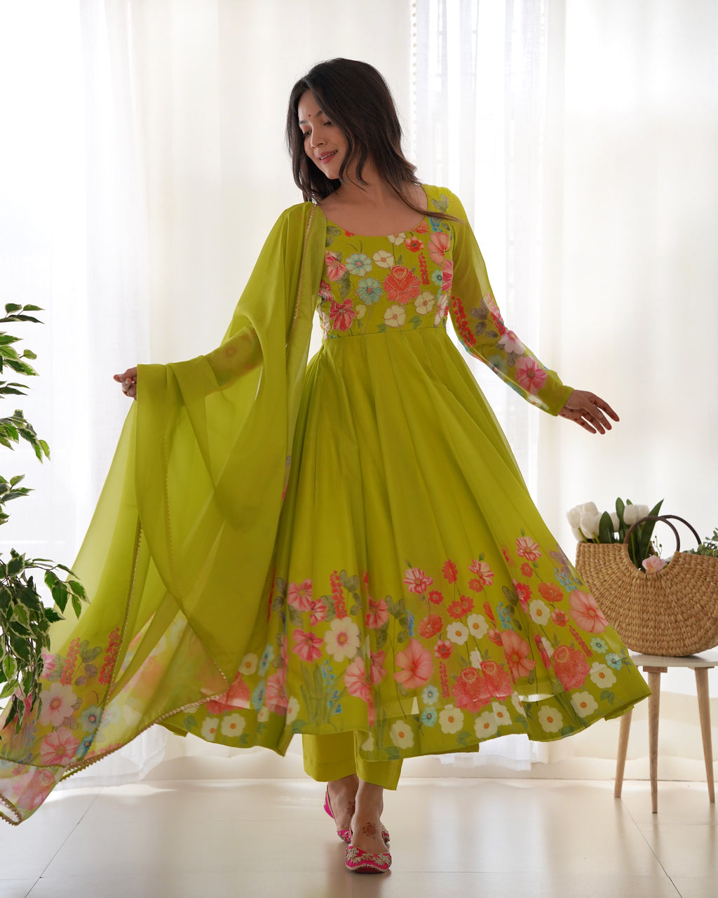 Women Floral Printed Organza Silk Flared Anarkali Kurta Set