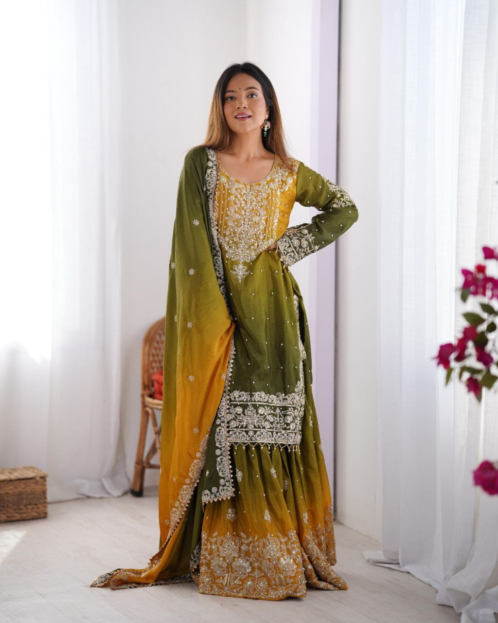 Chinon Embroidered Kurta with Sharara & Dupatta Set