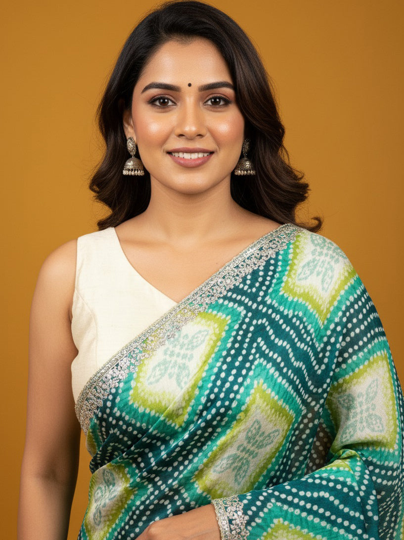 Bandhani Printed Chiffon Saree with Embroidered Border