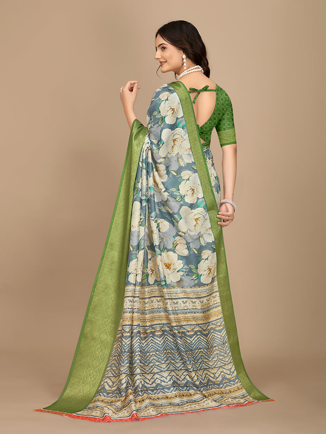 Moss Chiffon Digital Print Woven Border Saree
