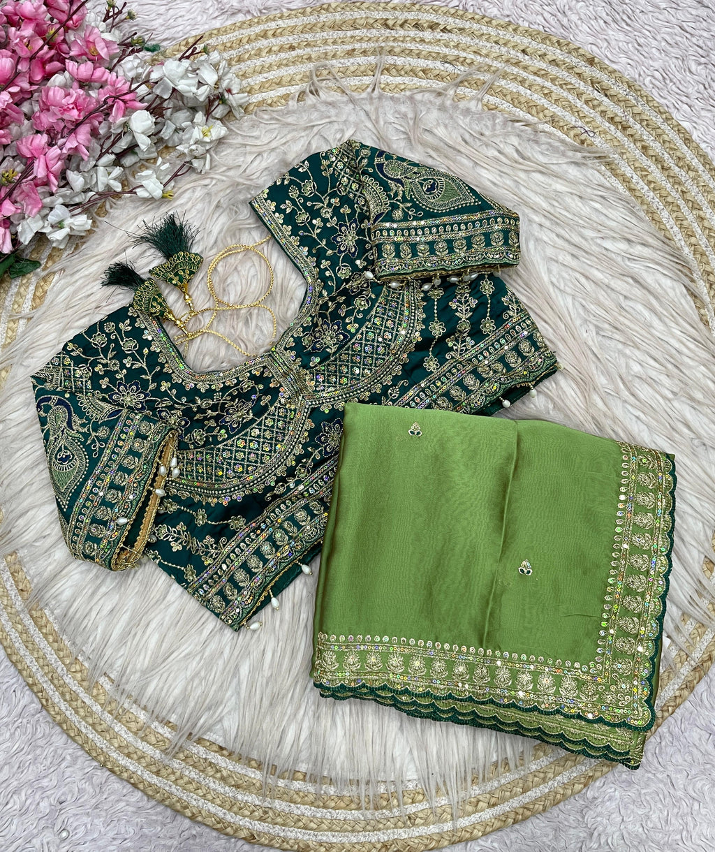 Rangoli Silk Saree with Sequins Embroidery Work & Stitched Blouse
