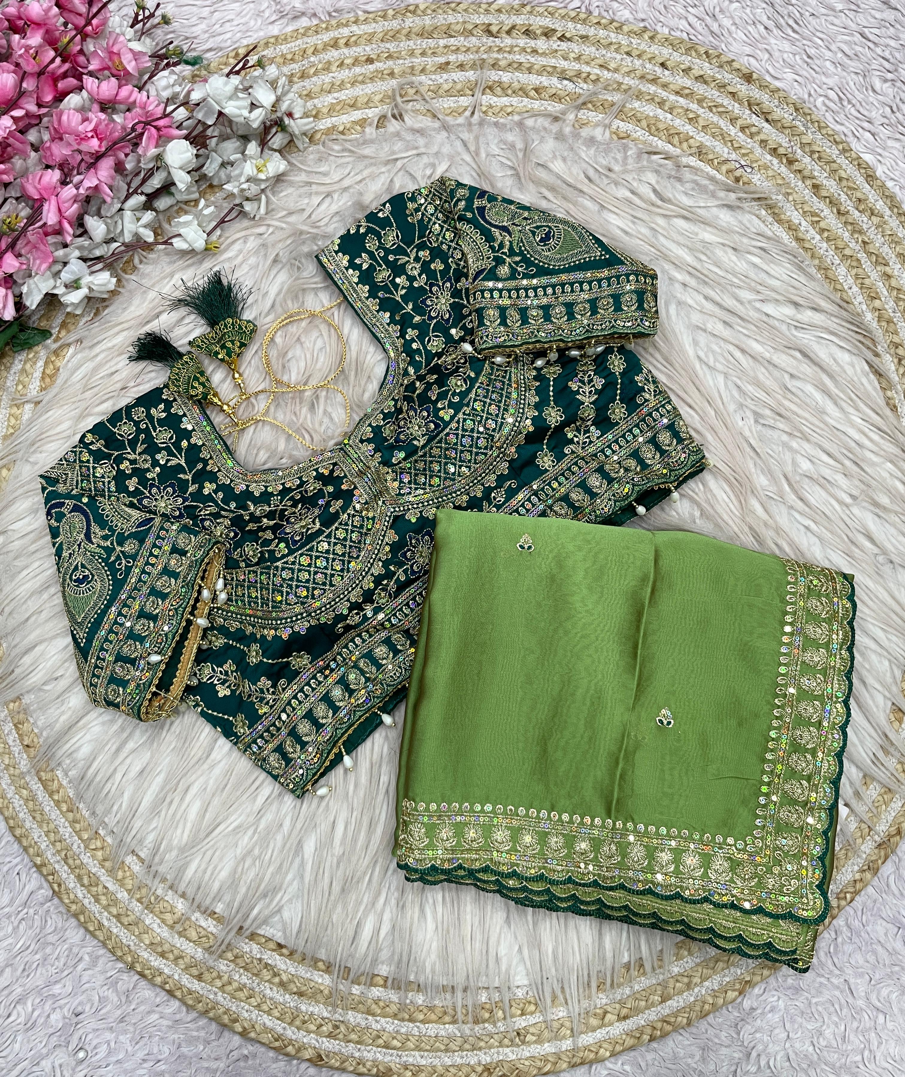Rangoli Silk Saree with Sequins Embroidery Work & Stitched Blouse