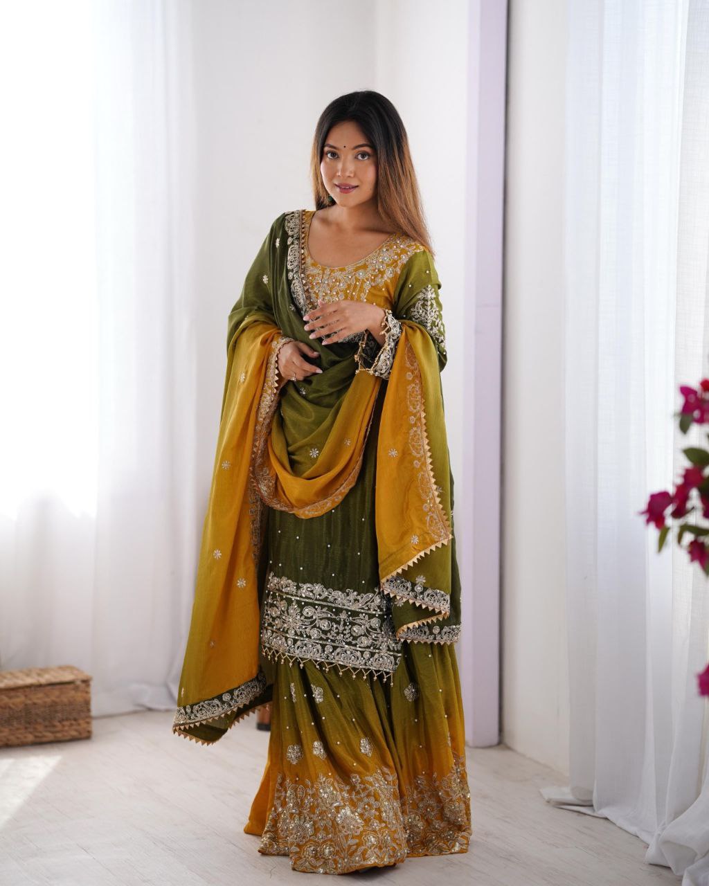 Chinon Embroidered Kurta with Sharara & Dupatta Set
