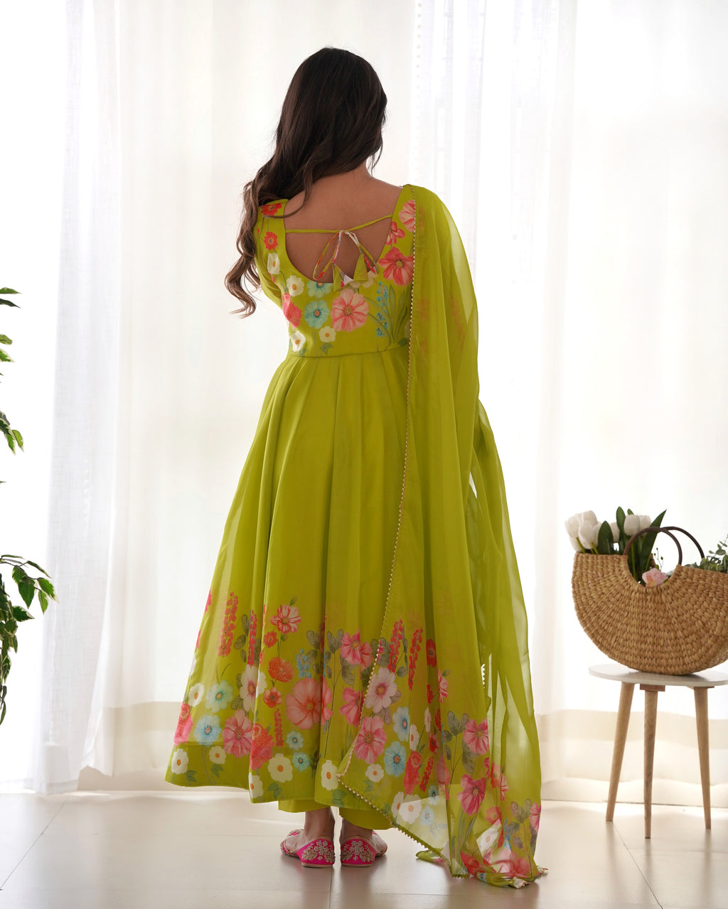 Women Floral Printed Organza Silk Flared Anarkali Kurta Set