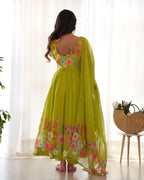 Women Floral Printed Organza Silk Flared Anarkali Kurta Set