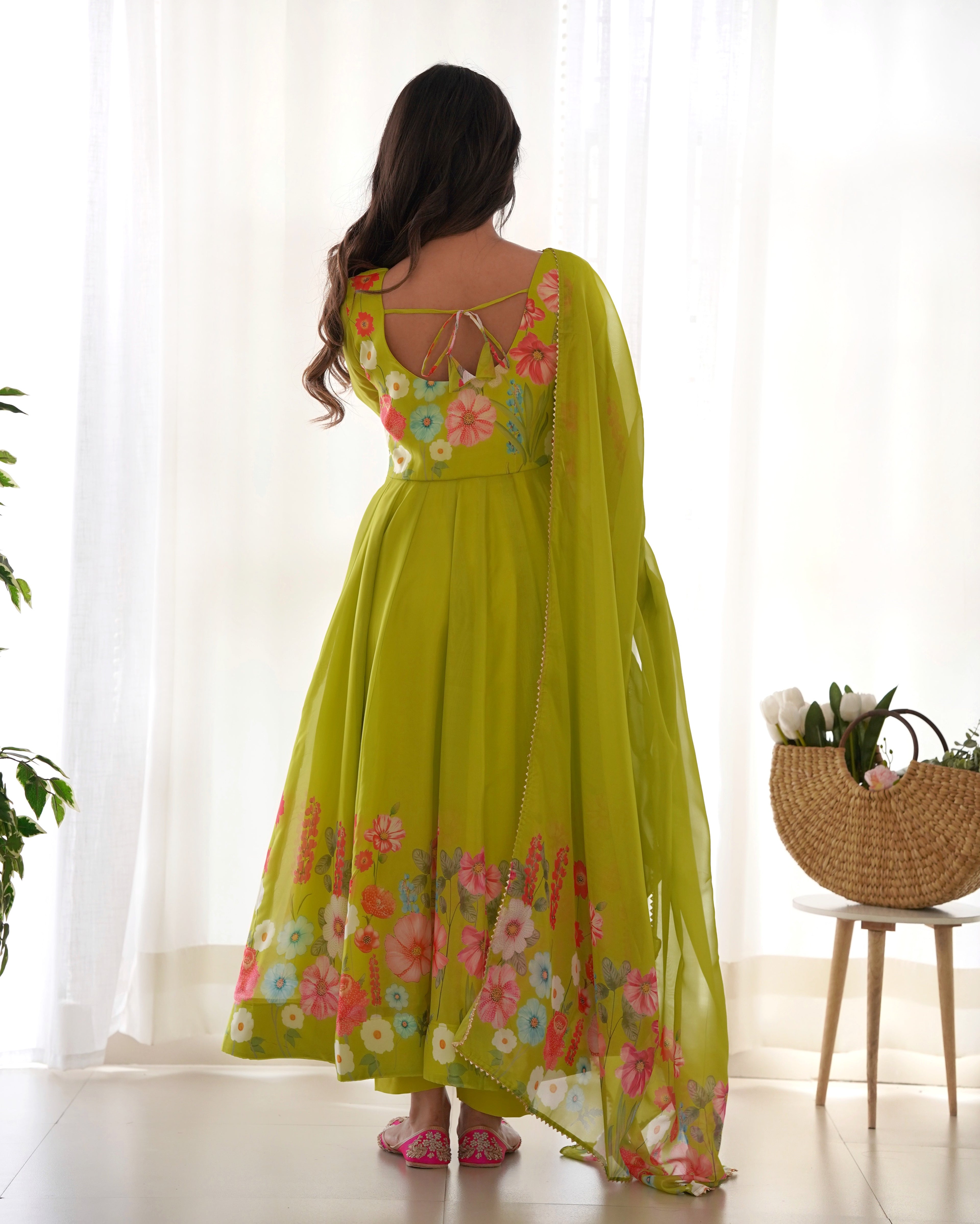 Women Floral Printed Organza Silk Flared Anarkali Kurta Set