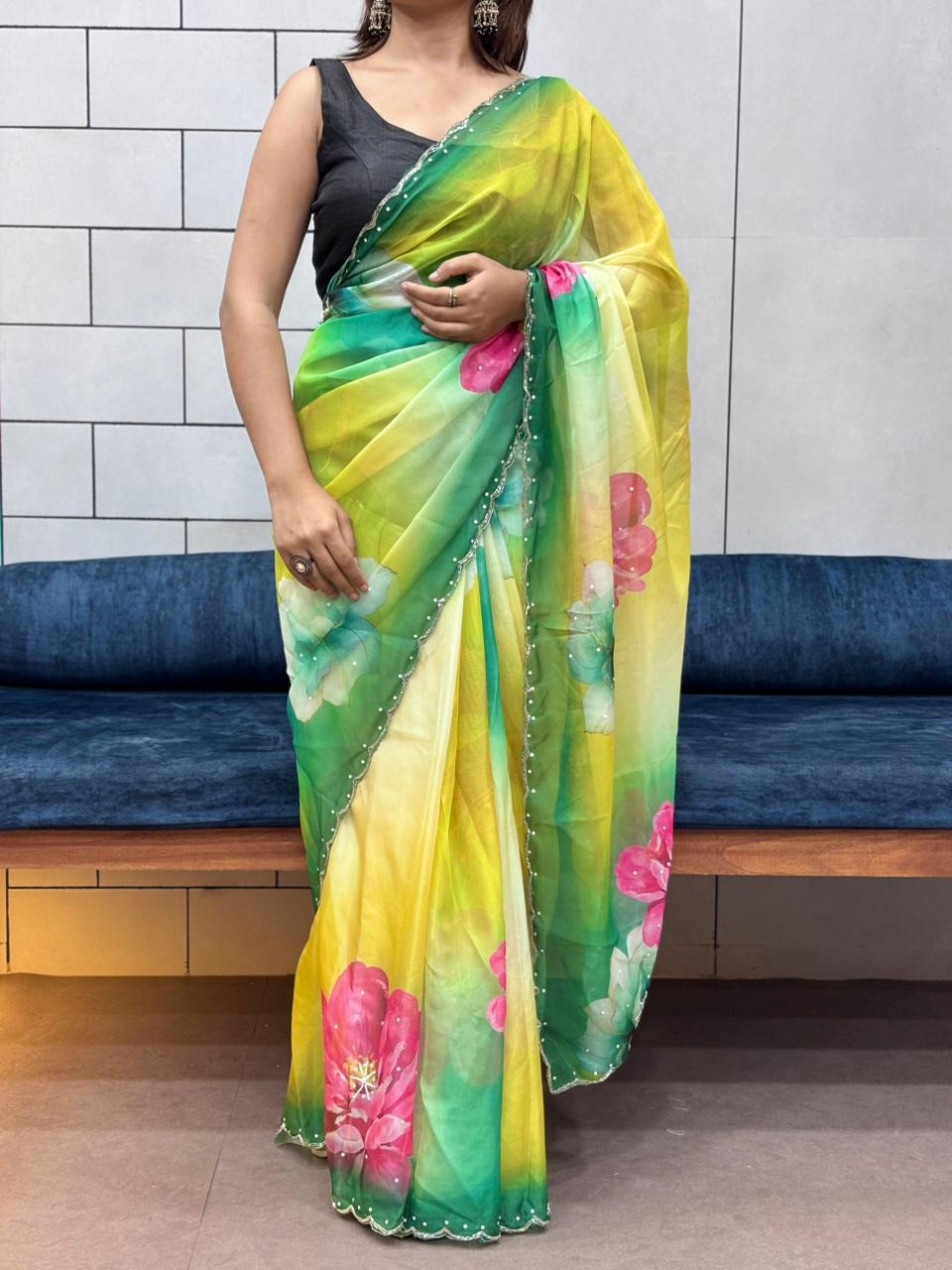 Celebrity Style Floral Print Tabi Organza Saree with Exquisite Handwork