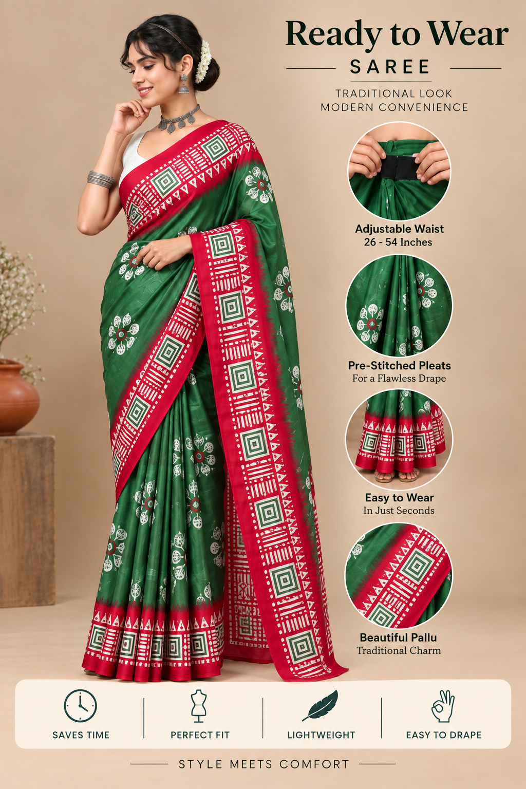 Women’s Mul Cotton Ready To Wear Saree with Floral Printed Pattern