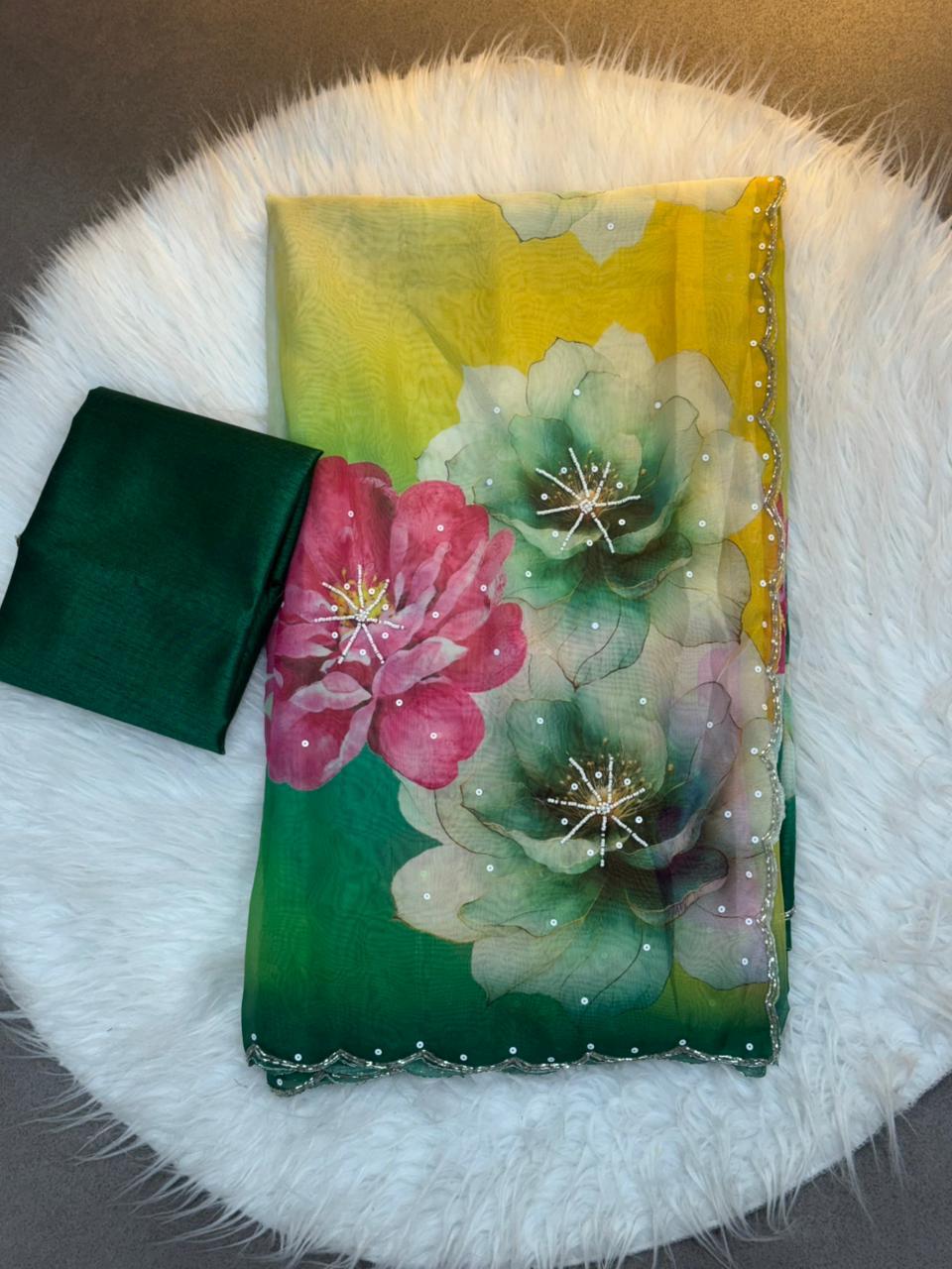 Celebrity Style Floral Print Tabi Organza Saree with Exquisite Handwork