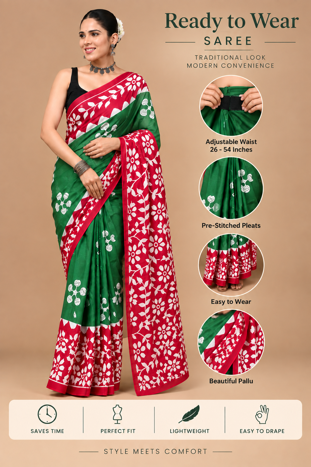 Women’s Mul Cotton Ready To Wear Saree with Floral Printed Pattern