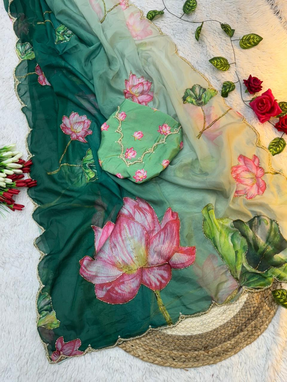 Celebrity Style Tabi Organza Saree with Padded Florals and Cut Dana Hand Work