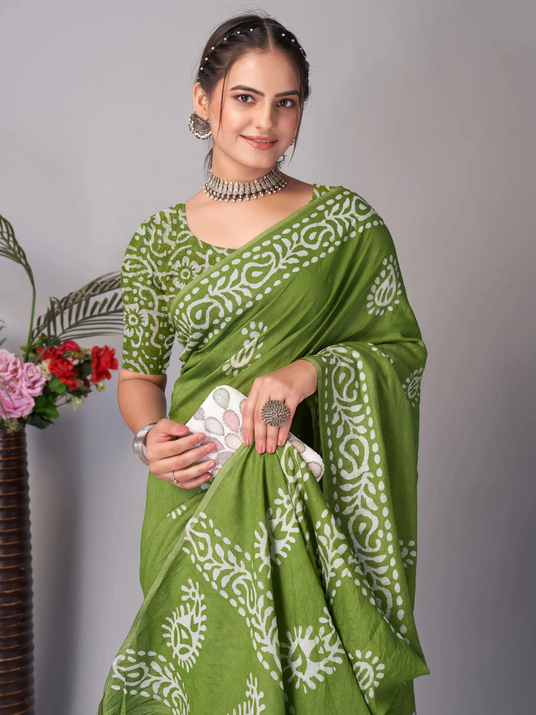 Ready to wear mulmul cotton printed saree – green, view 2