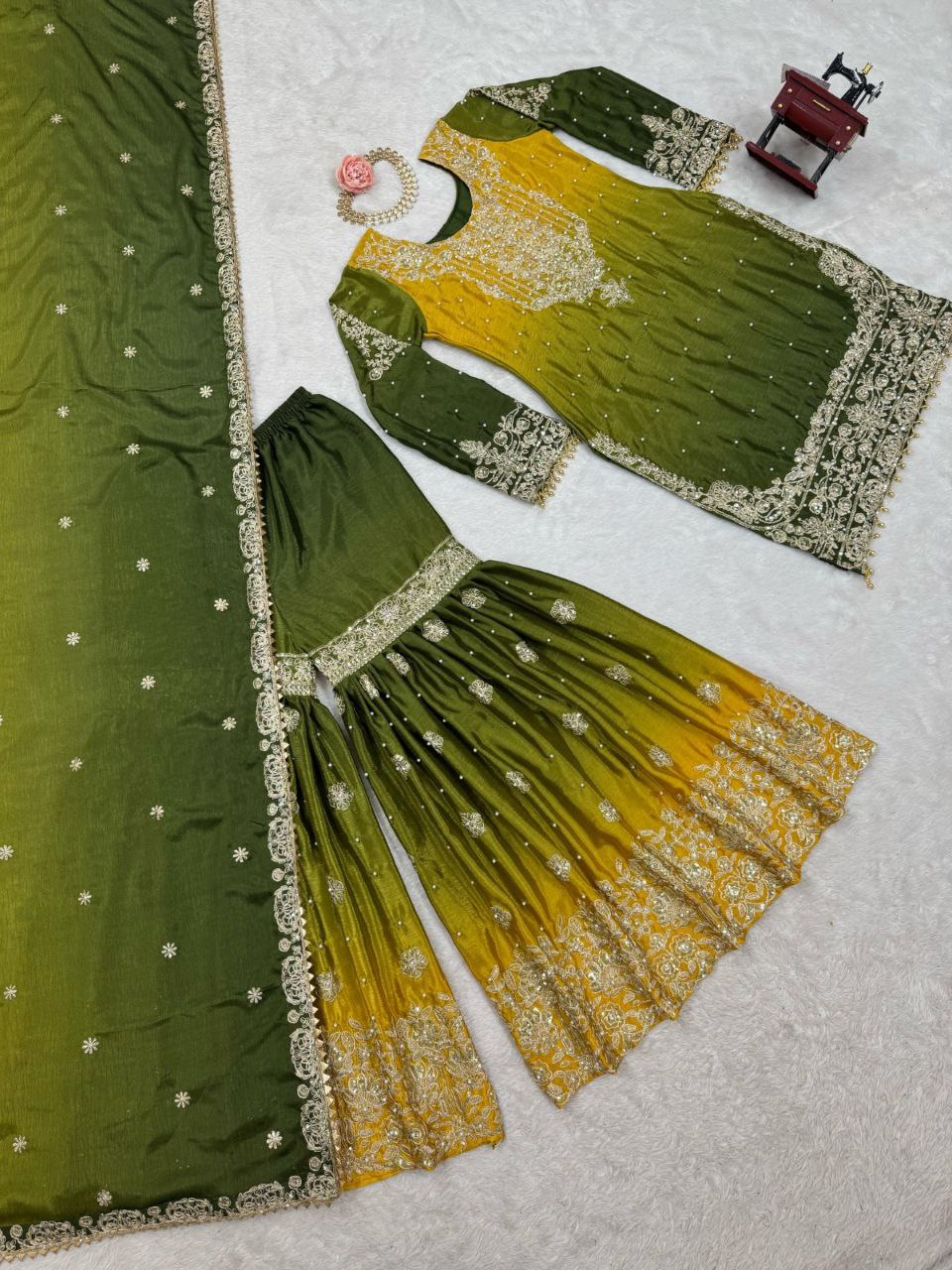 Chinon Embroidered Kurta with Sharara & Dupatta Set