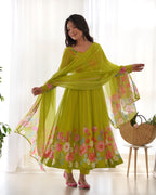 Women Floral Printed Organza Silk Flared Anarkali Kurta Set
