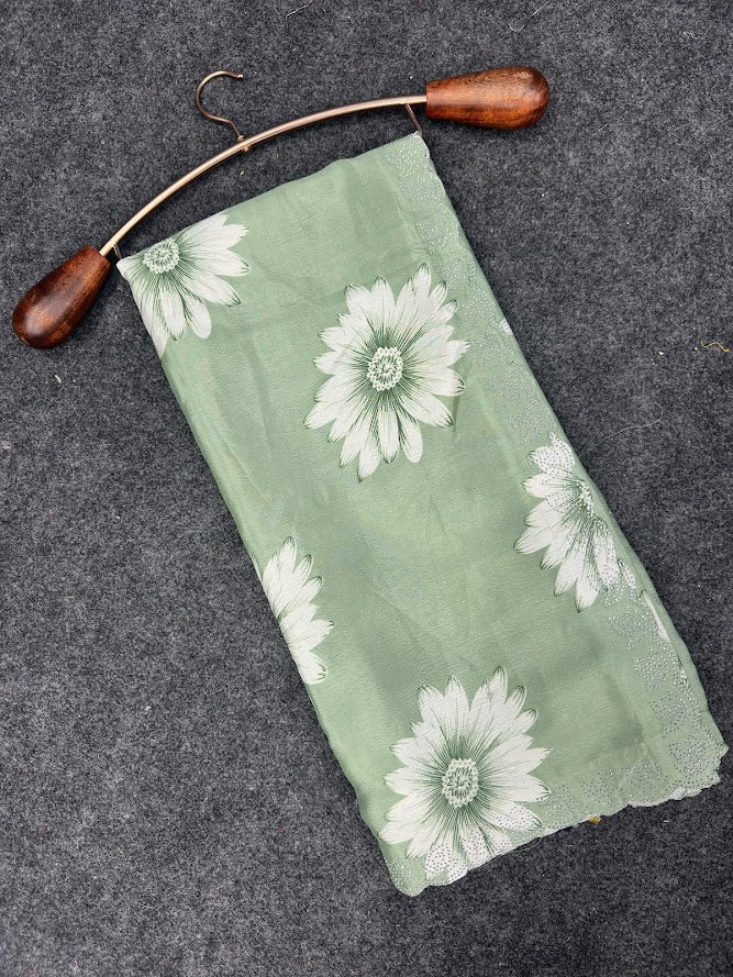 Elegant Printed Chinon Saree with Sparkling Siroksi Diamond Work Border