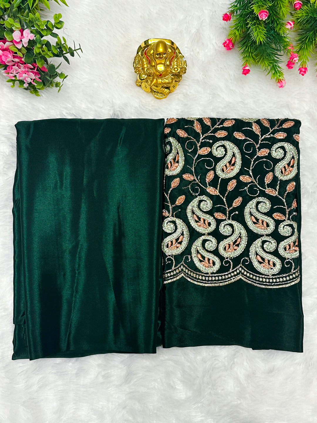 Plain Solid Silk Saree with Embroidered Thread, Beads work Blouse