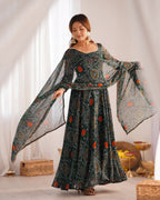 Women Bandhej Printed Chiffon Anarkali Kurta with Dupatta Set