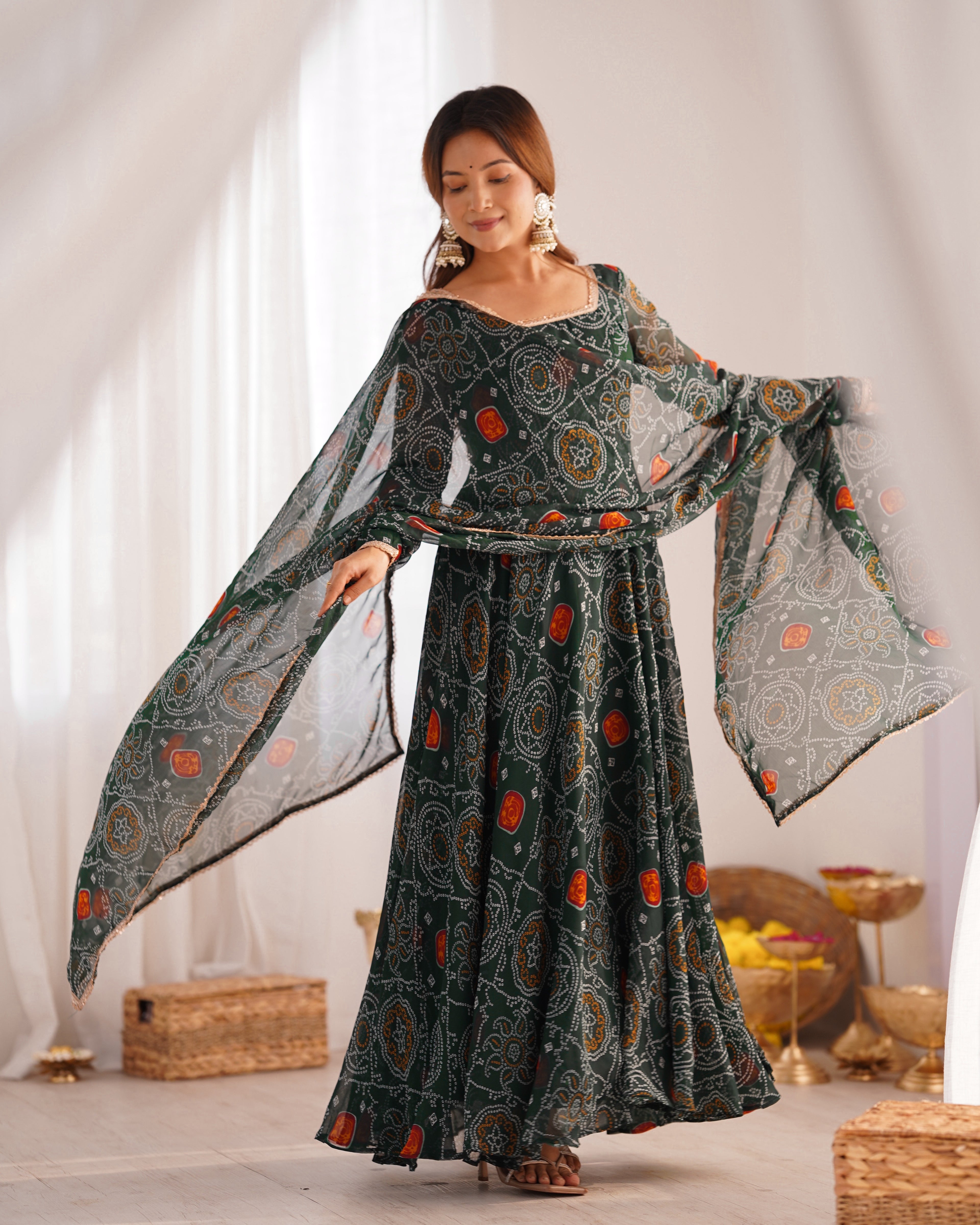 Women Bandhej Printed Chiffon Anarkali Kurta with Dupatta Set