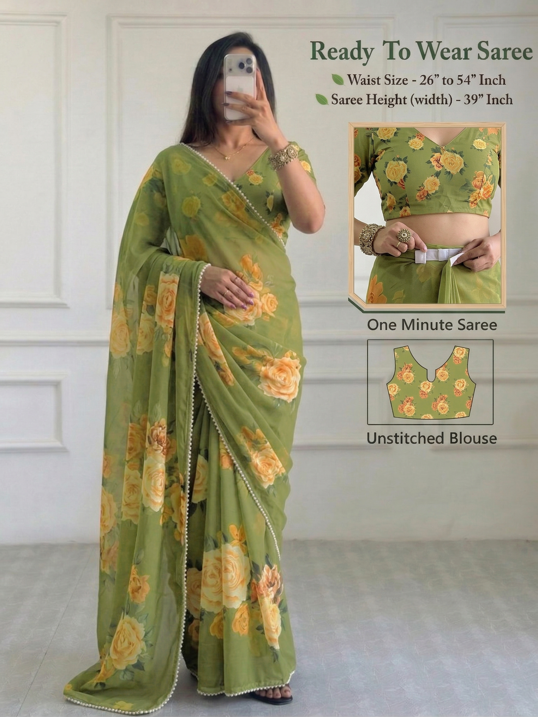 1-Mintue Ready-to-Wear Floral Printed Georgette Saree with Pearl (Moti) Work Border