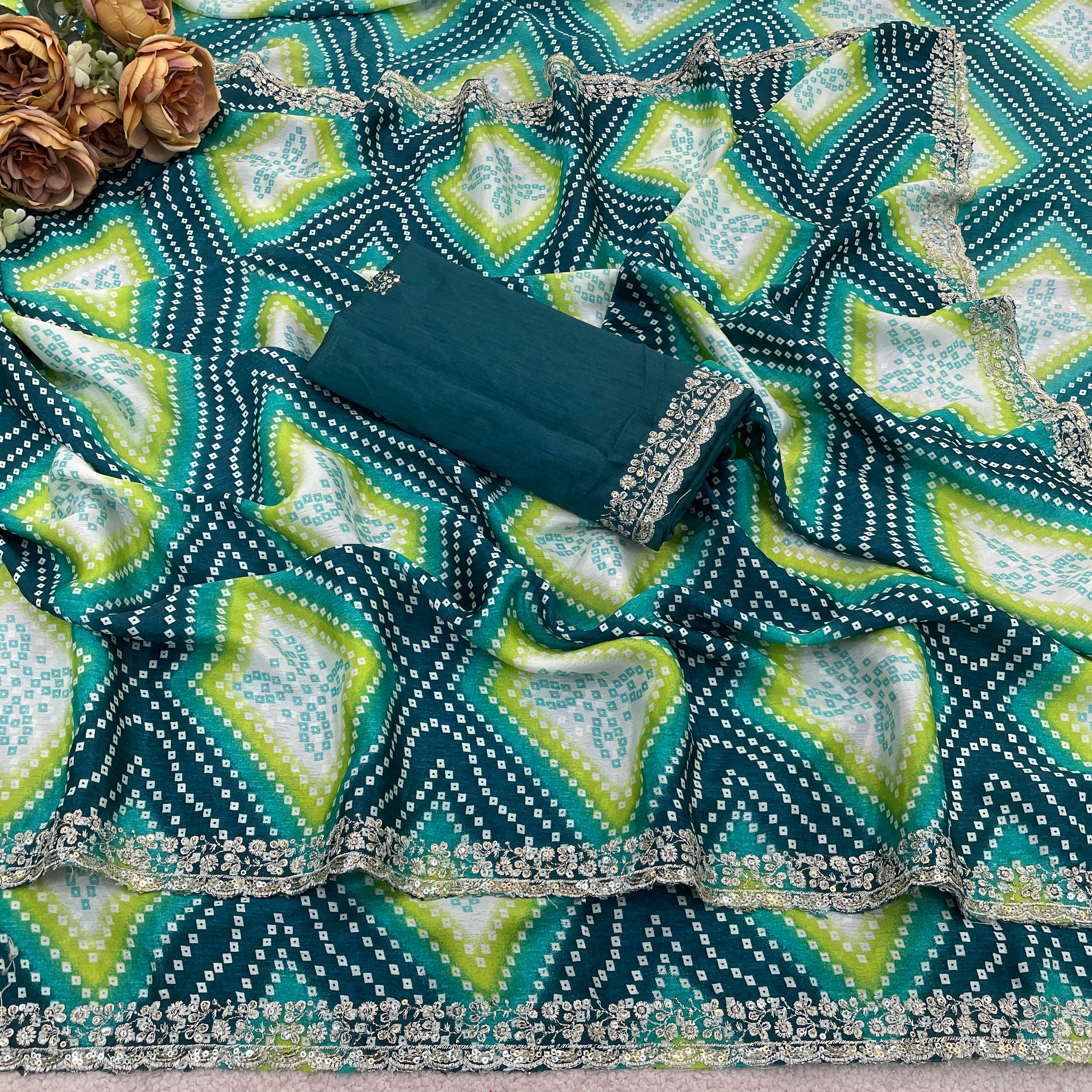 Bandhani Printed Chiffon Saree with Embroidered Border