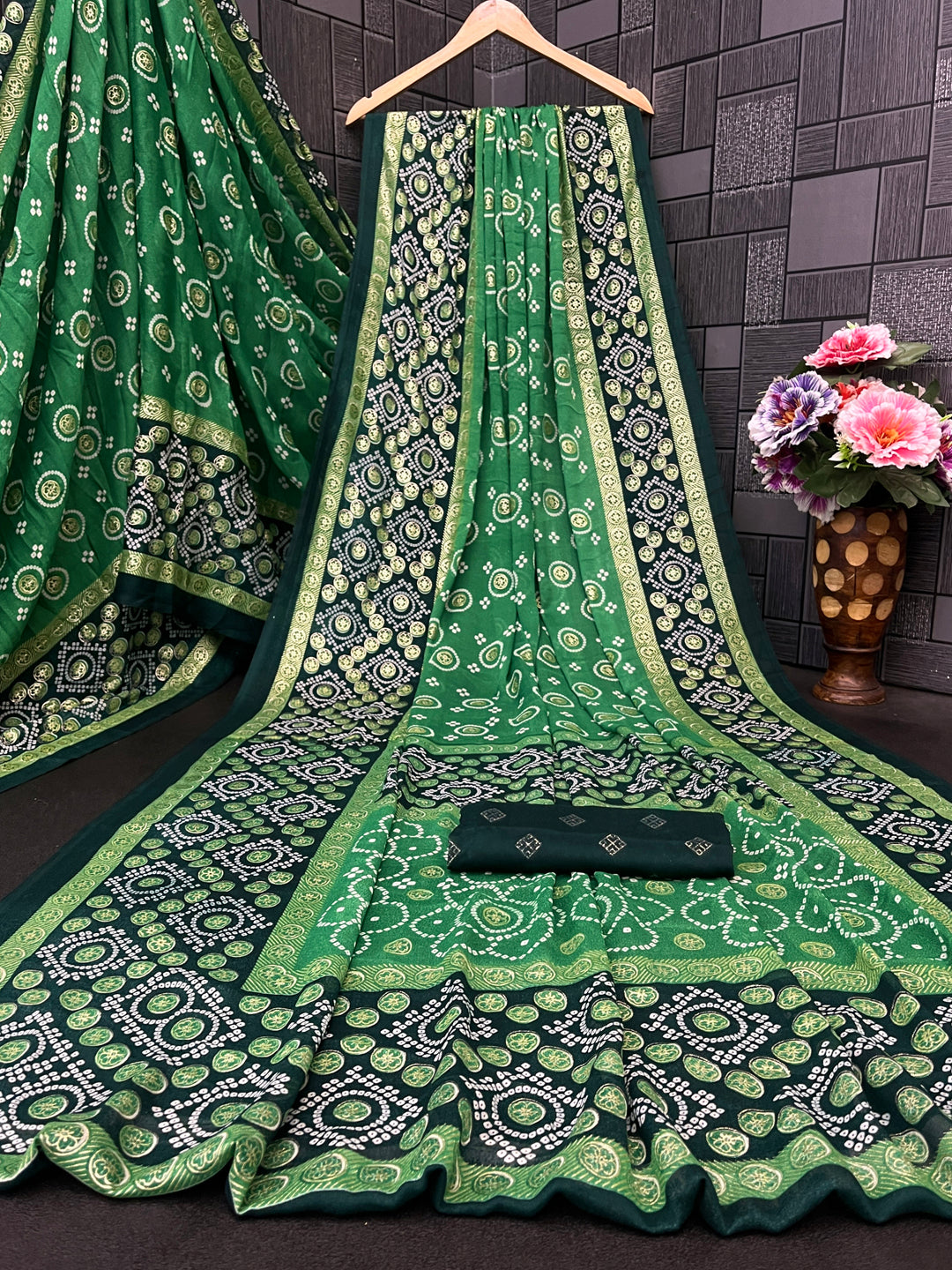 Bandhani Print Moss Chiffon Saree with Foil Accents and Matching Blouse Piece