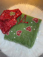 Royal Heart Motif Bandhani Saree with Rich Floral Pallu & Cutdana Embellishments