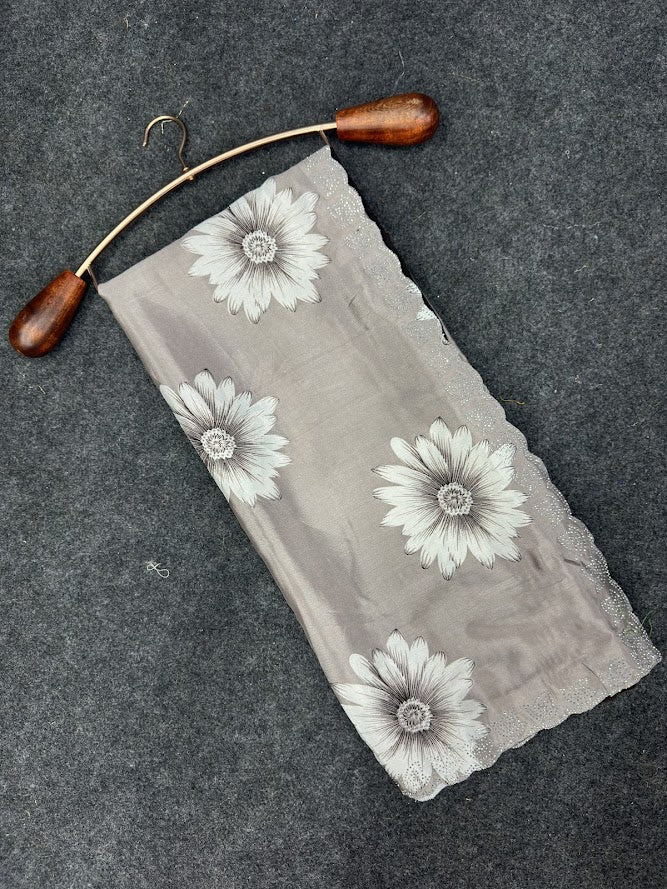 Elegant Printed Chinon Saree with Sparkling Siroksi Diamond Work Border