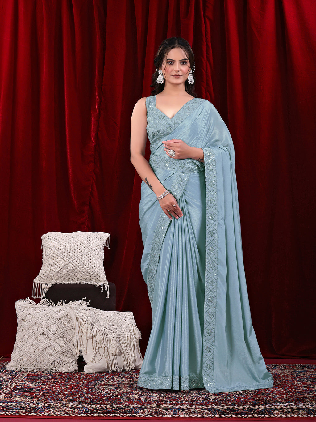 Chinon Solid Saree with Embroidered Lace Border