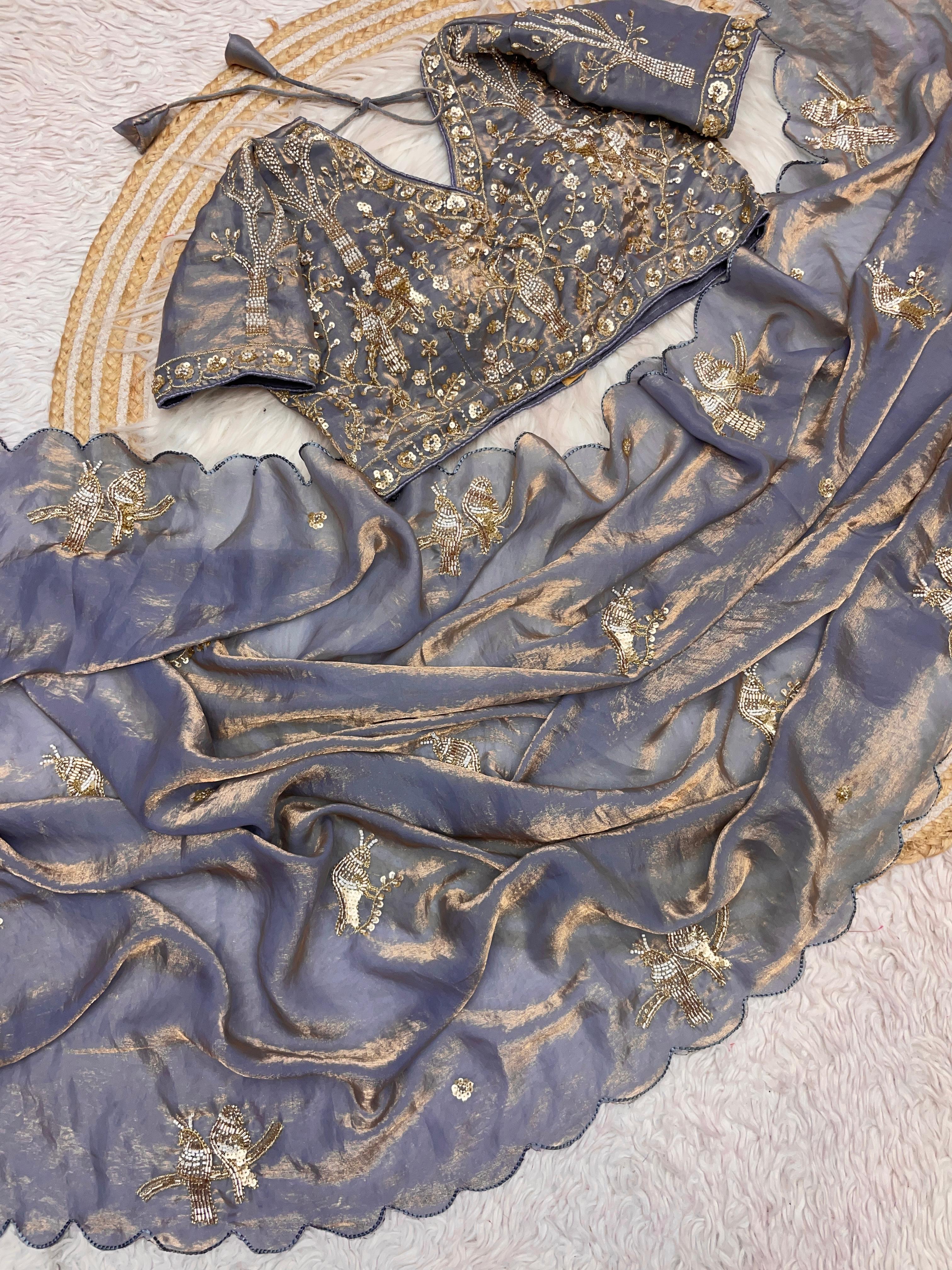 Satin Saree with Heavy Beaded Work Stitched Blouse