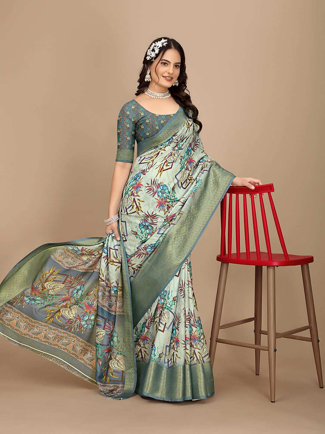 Moss Chiffon Digital Print With Jacquard Border Saree