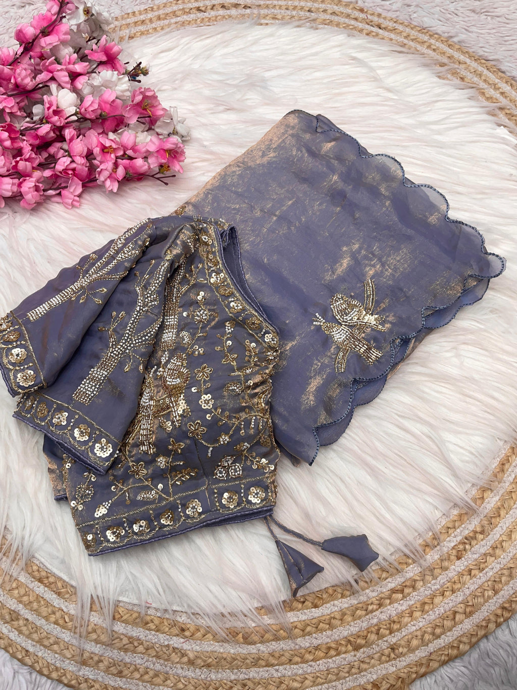 Satin Saree with Heavy Beaded Work Stitched Blouse