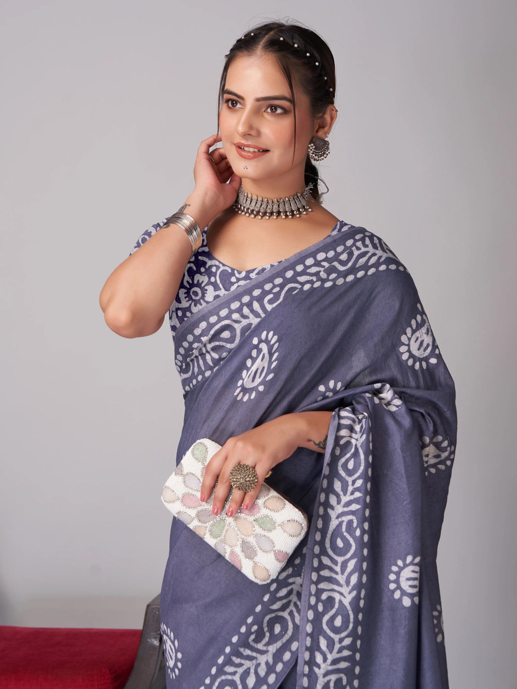Ready to wear mulmul cotton printed saree – grey, view 3