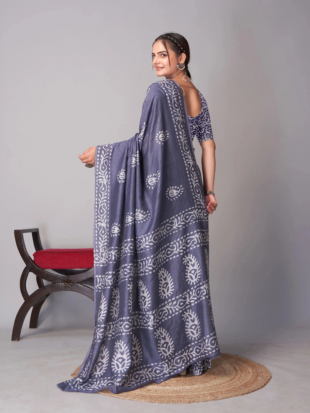 Ready to wear mulmul cotton printed saree – grey, view 4