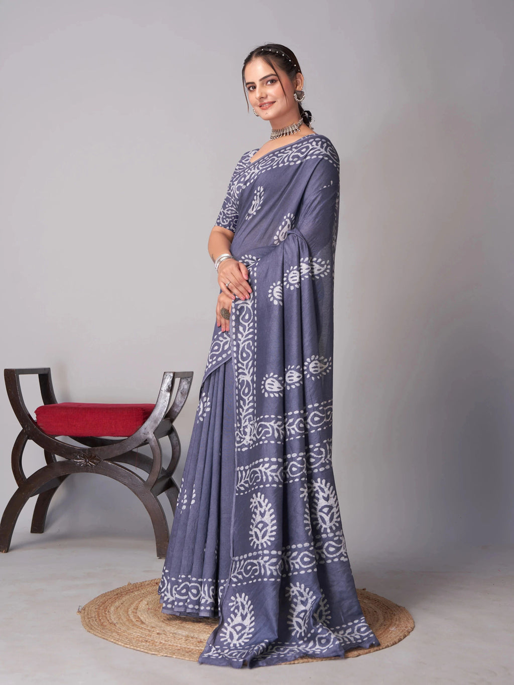 Ready to wear mulmul cotton printed saree – grey, view 2