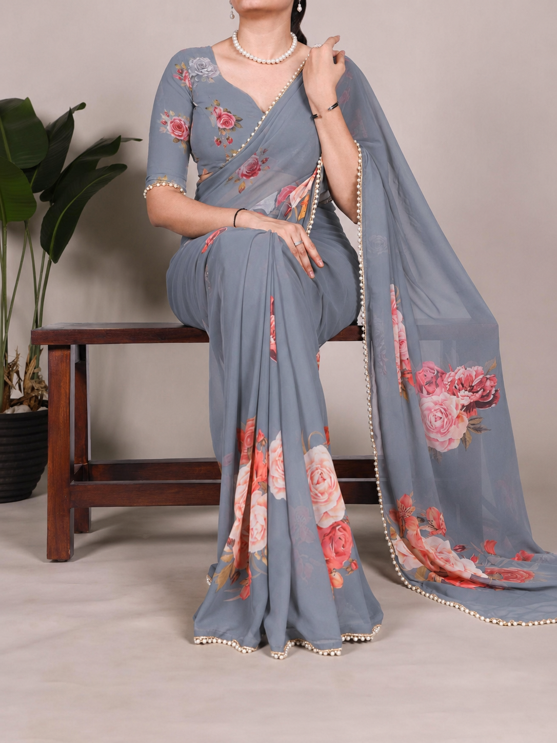 Floral Printed Georgette Saree with Pearls Lace Work Border