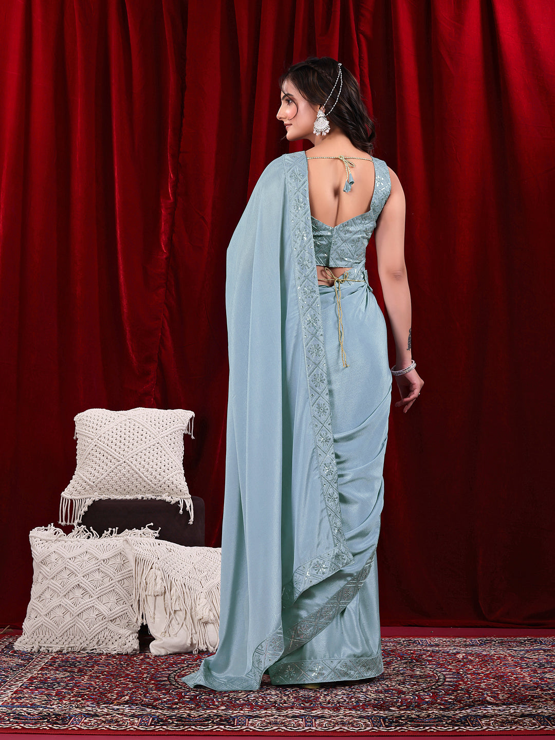 Chinon Solid Saree with Embroidered Lace Border