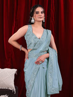 Chinon Solid Saree with Embroidered Lace Border