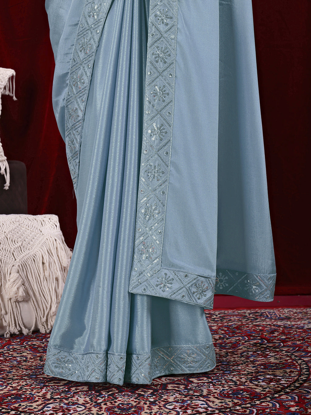 Chinon Solid Saree with Embroidered Lace Border