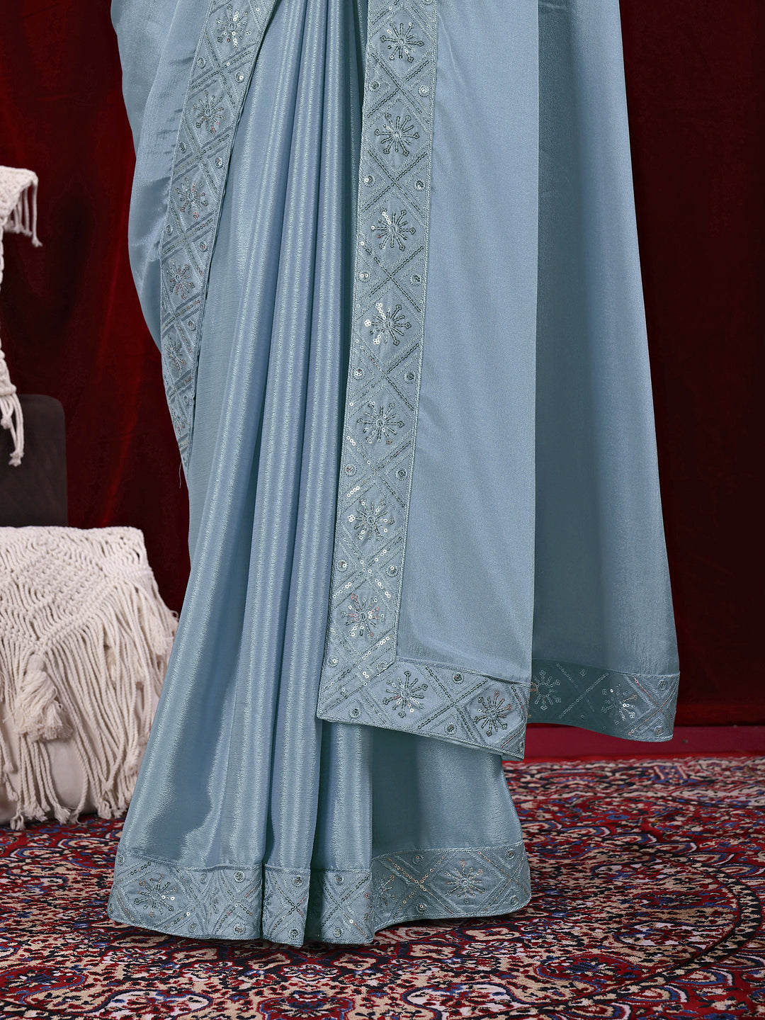 Chinon Solid Saree with Embroidered Lace Border