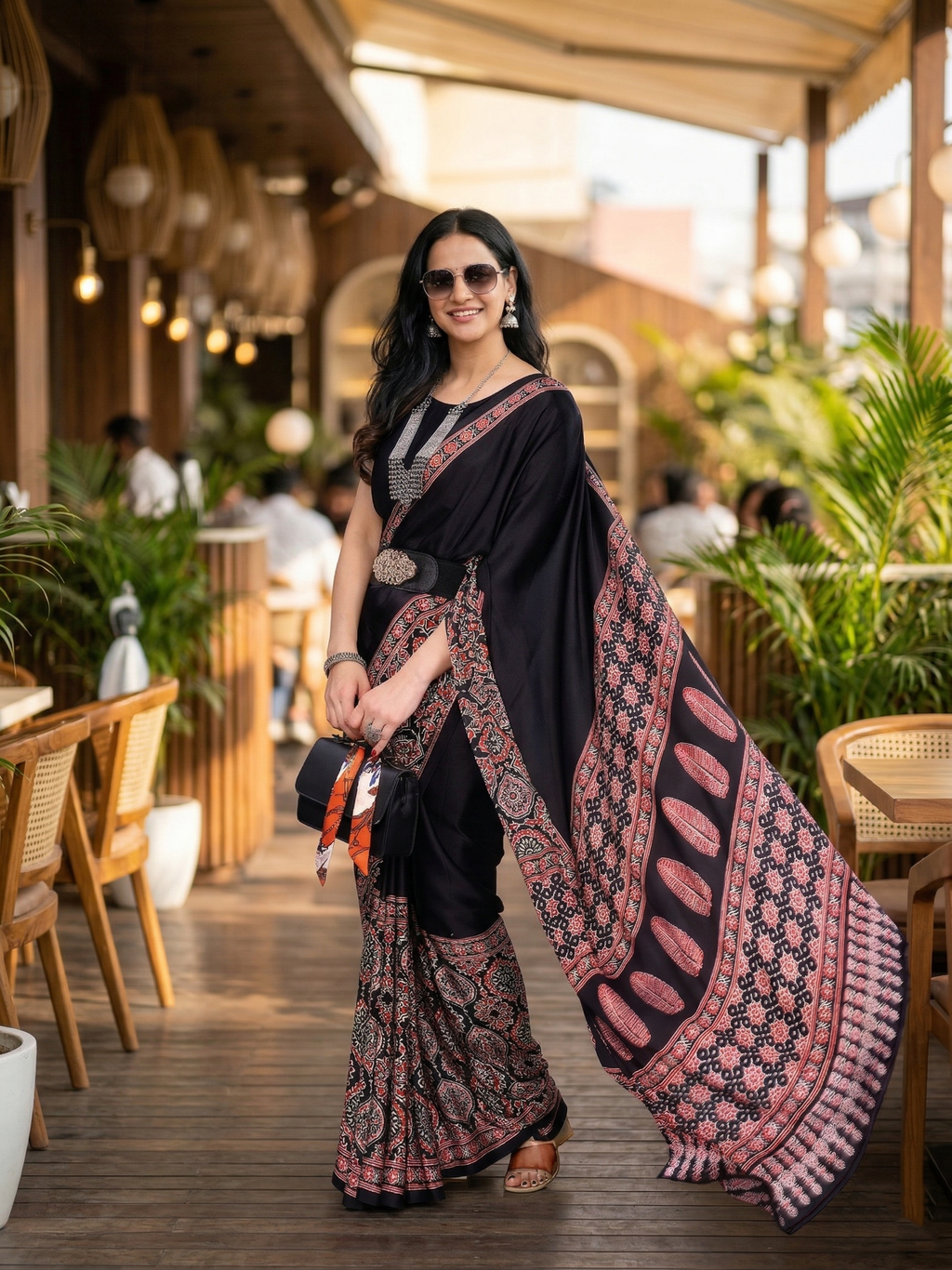 Crepe Silk Ajrakh Printed Saree