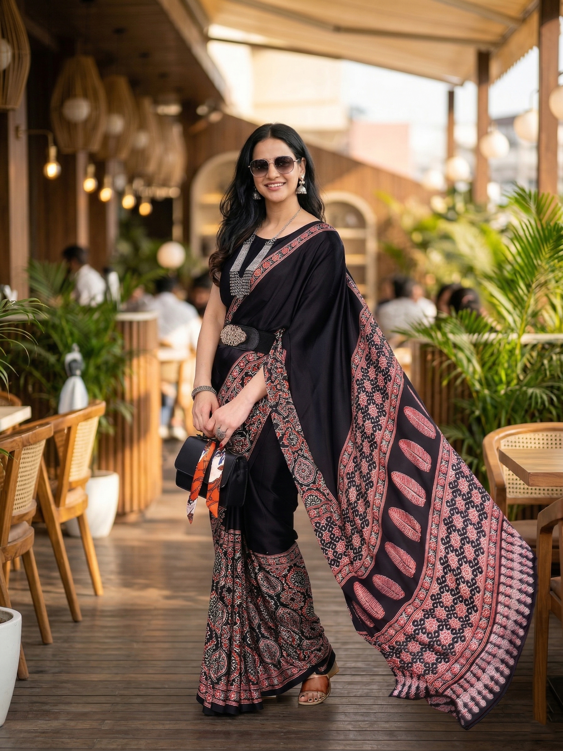 Crepe Silk Ajrakh Printed Saree
